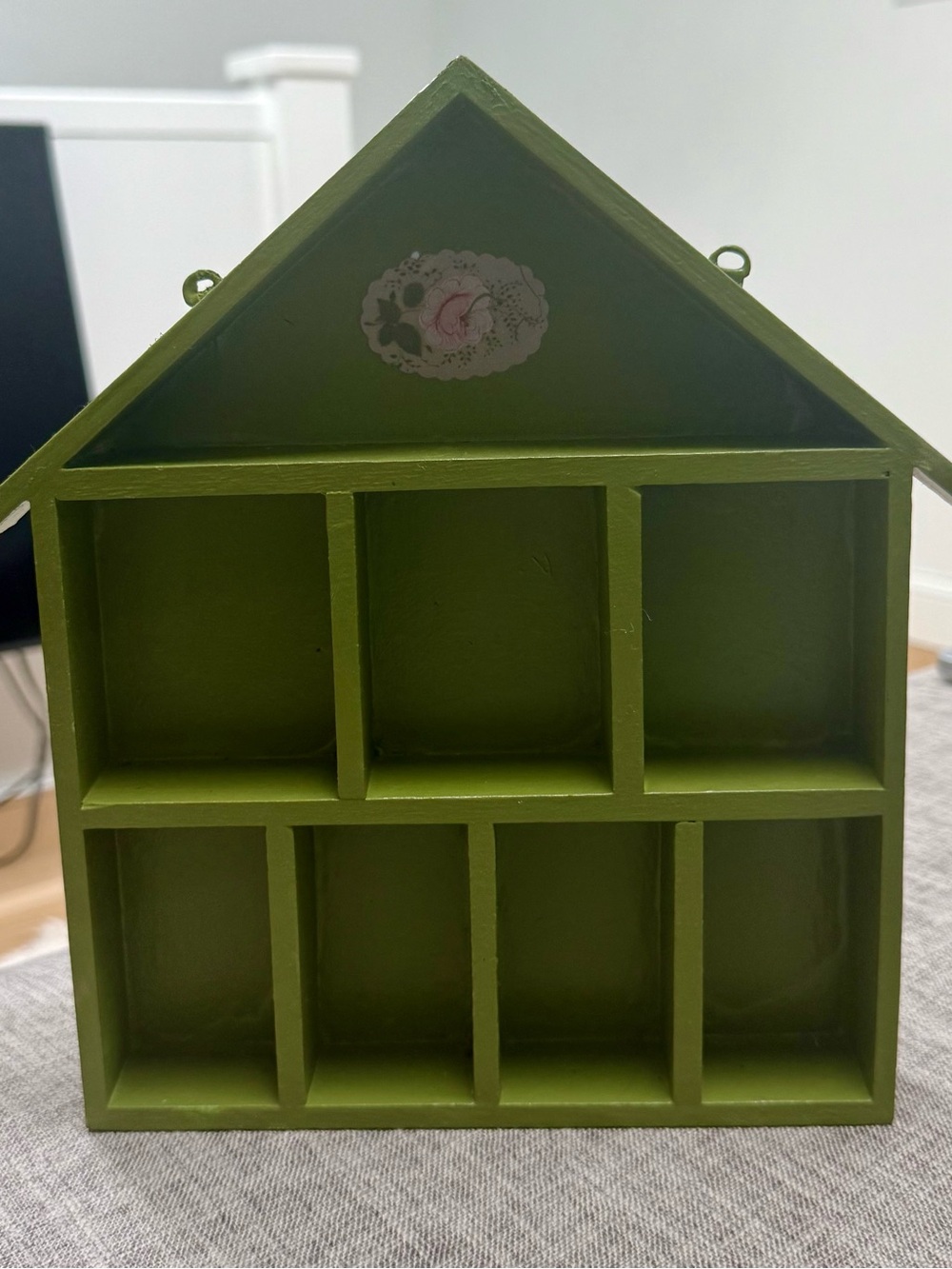 Green wooden cottage core house shaped shadow box / trinket display